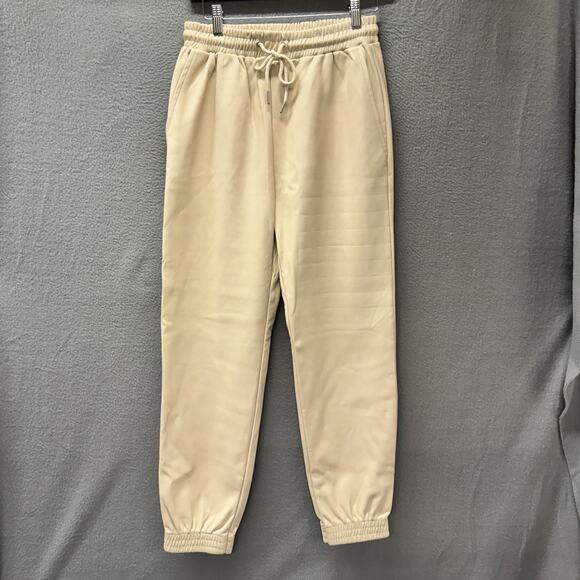 Avec Les Filles Pants Womens Small Cream Faux Leather Jogger Drawstring Waist - Picture 3 of 9